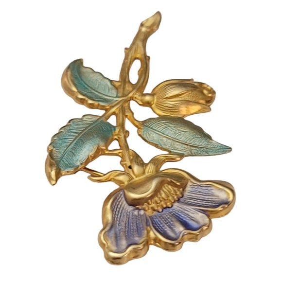 Matte Gold Tone Repousse Periwinkle Pastel Green Enamel Flower Brooch Pin E614 - Picture 4 of 8